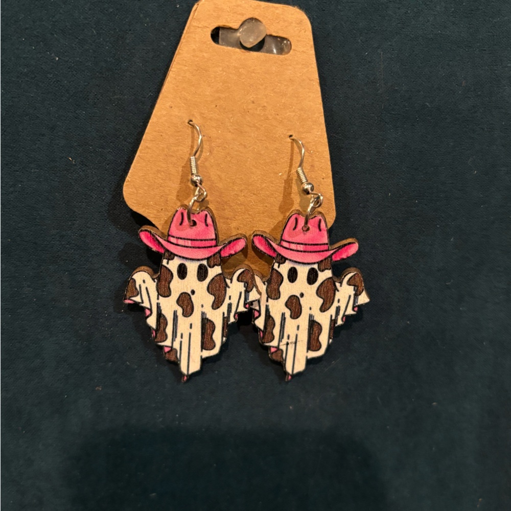 Wooden pink cowboy ghost earrings light weight earrings